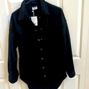 PRIV brand black shacket with matte bronze/black metal snap closure